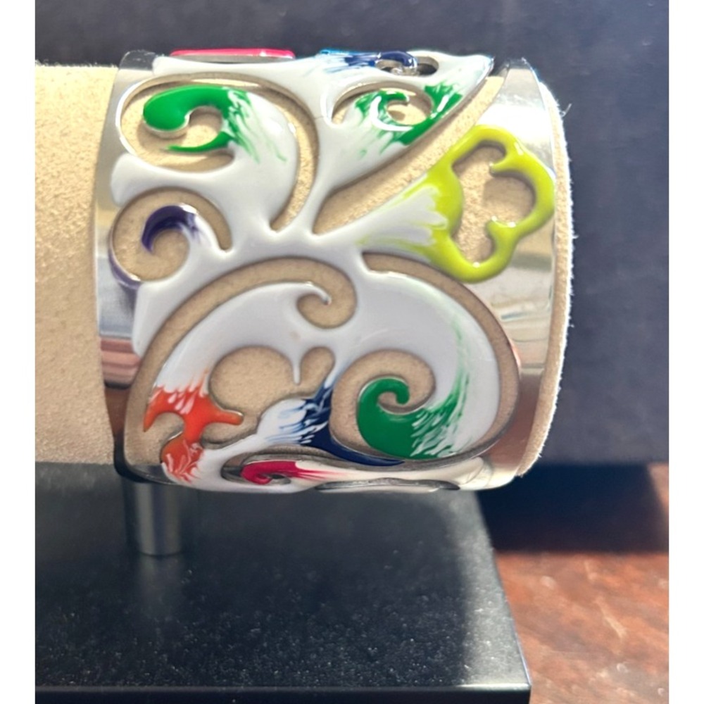 BAKARI Designer Enamel Cuff Bracelet Wide Flower Openwork Silver Gold Tone Mod